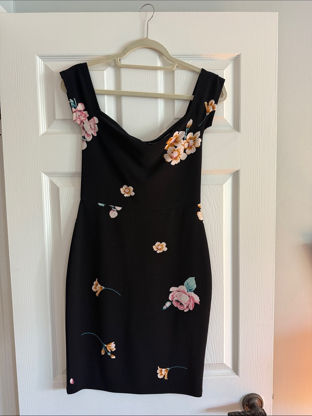 Leith Black Floral Midi Dress with Pink and Peach Blooms